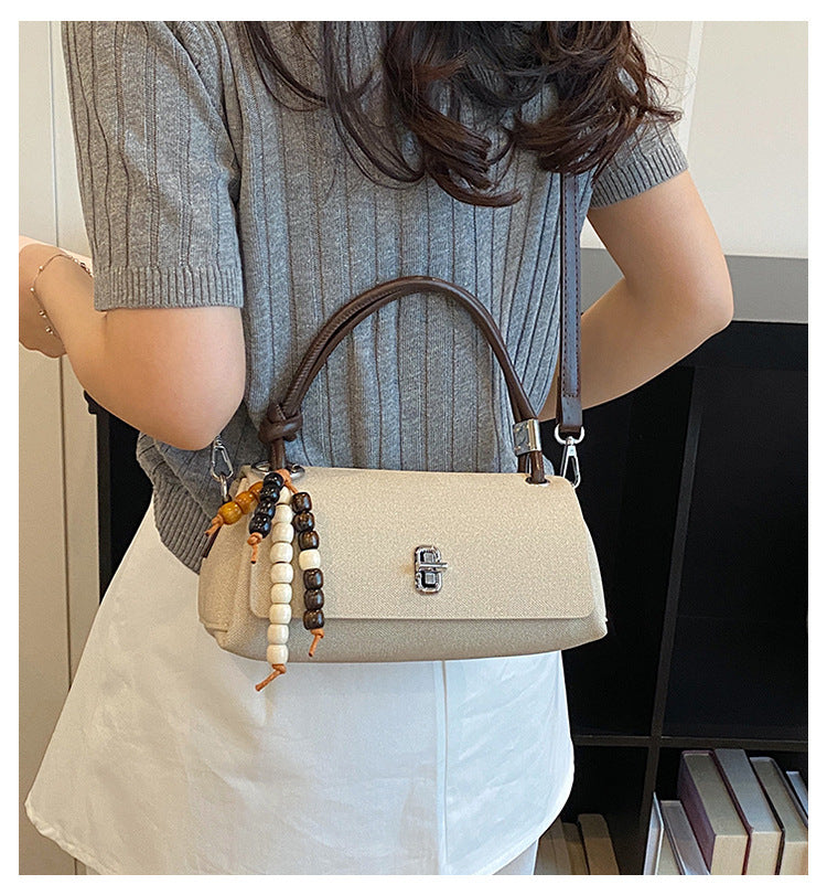 Structured Top-Handle Crossbody Bag with Pearl & Wood Beaded Charm