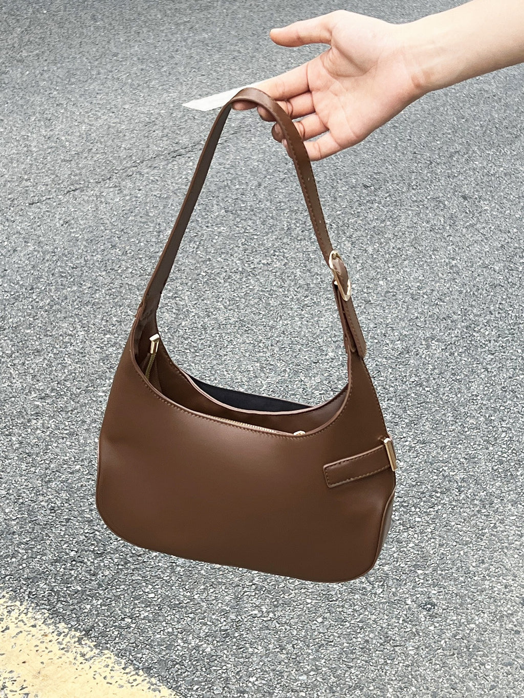 Minimalist Crescent Shoulder Bag with Buckle Accent and Adjustable Strap
