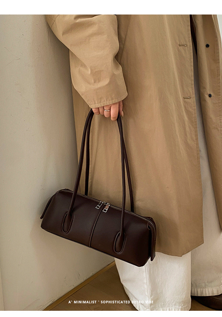 Sleek East-West Barrel Shoulder Bag with Slim Double Straps