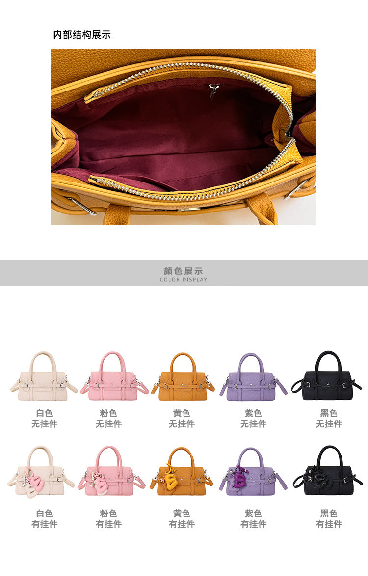 Structured Belted Mini Satchel Handbag with Floral Charm
