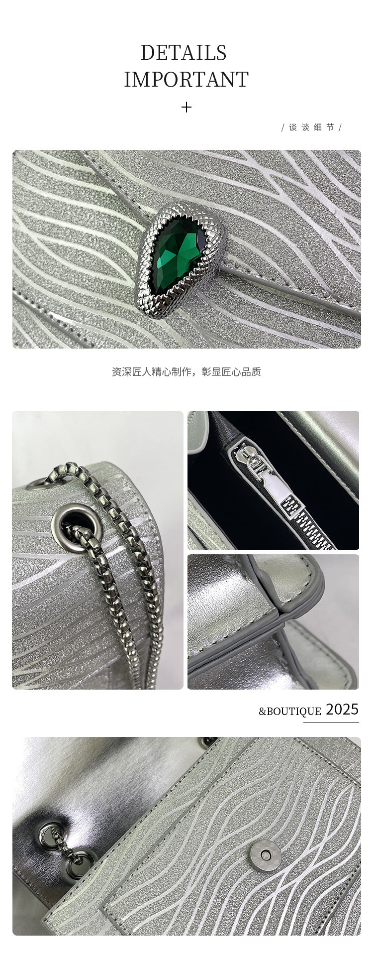 Diamond-Textured Serpent Clasp Shoulder Bag in Silver