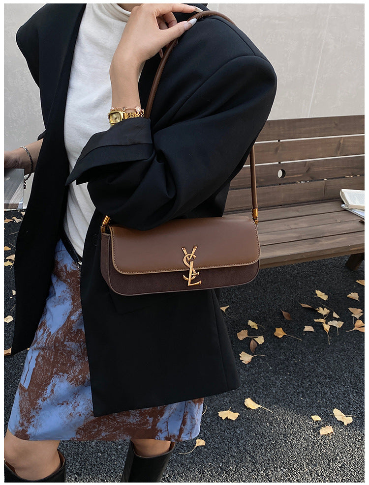 East-West Baguette Shoulder Bag with Metallic Emblem Clasp