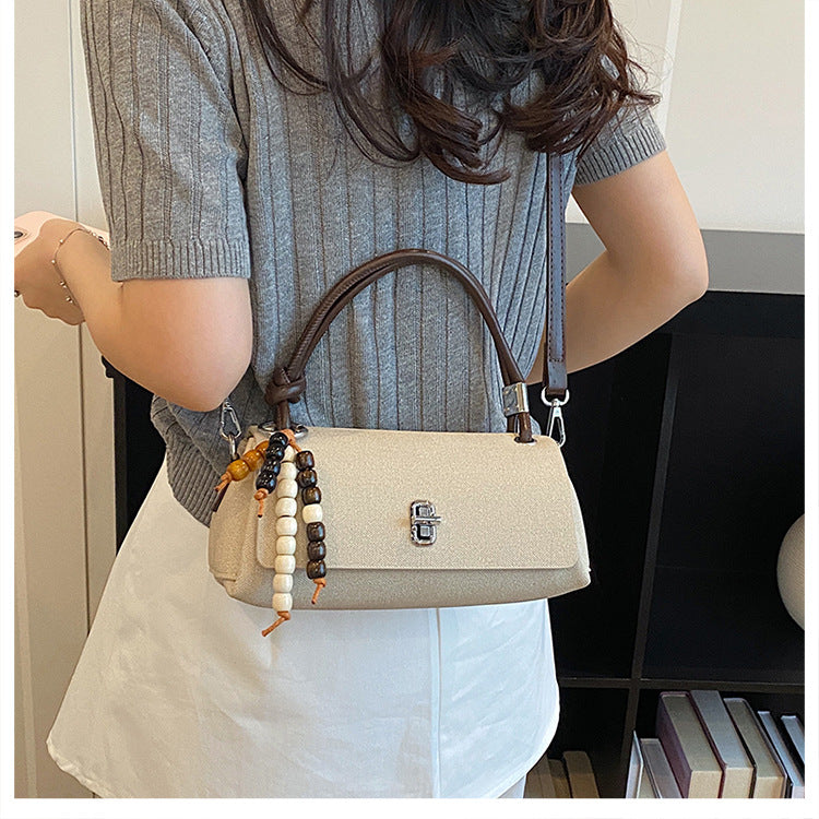 Structured Top-Handle Crossbody Bag with Pearl & Wood Beaded Charm
