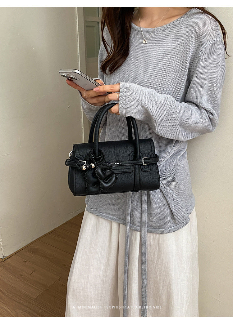 Structured Belted Mini Satchel Handbag with Floral Charm