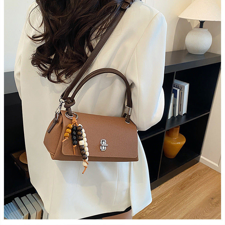 Structured Top-Handle Crossbody Bag with Pearl & Wood Beaded Charm
