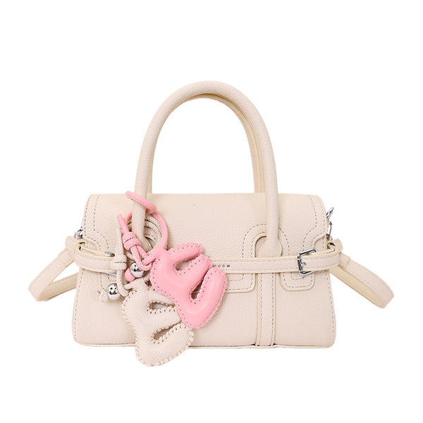 Structured Belted Mini Satchel Handbag with Floral Charm