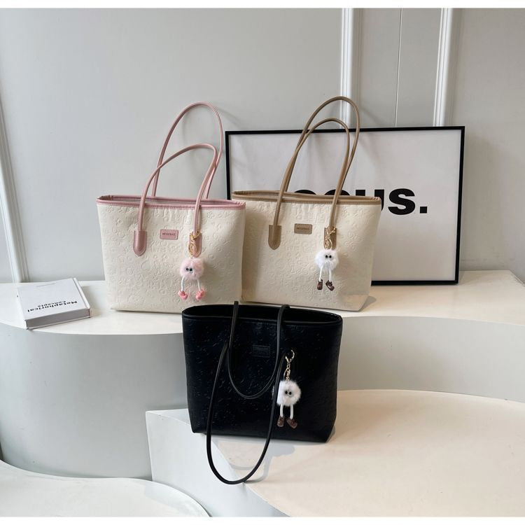 Elegant Embossed Shoulder Tote Bag | Large Capacity Work & Daily Bag with Plush Charm