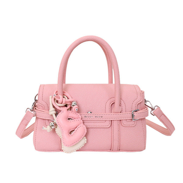 Structured Belted Mini Satchel Handbag with Floral Charm