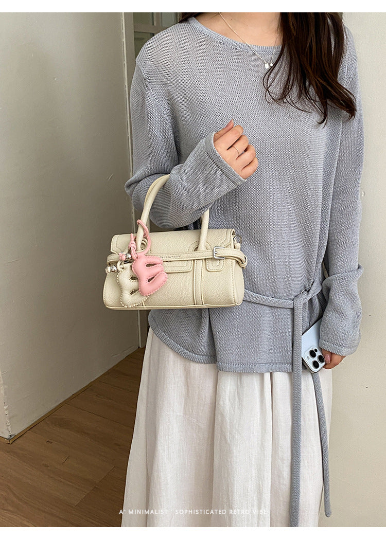 Structured Belted Mini Satchel Handbag with Floral Charm