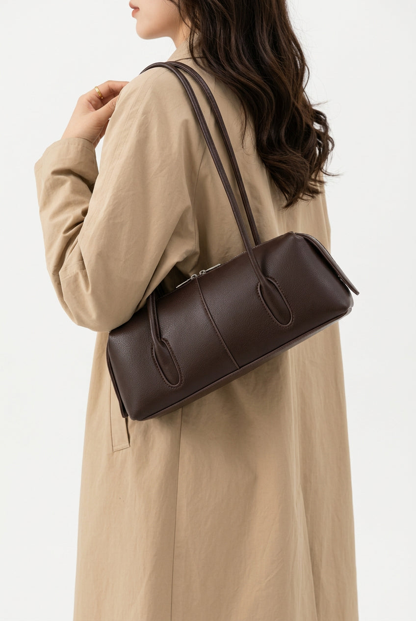 Sleek East-West Barrel Shoulder Bag with Slim Double Straps