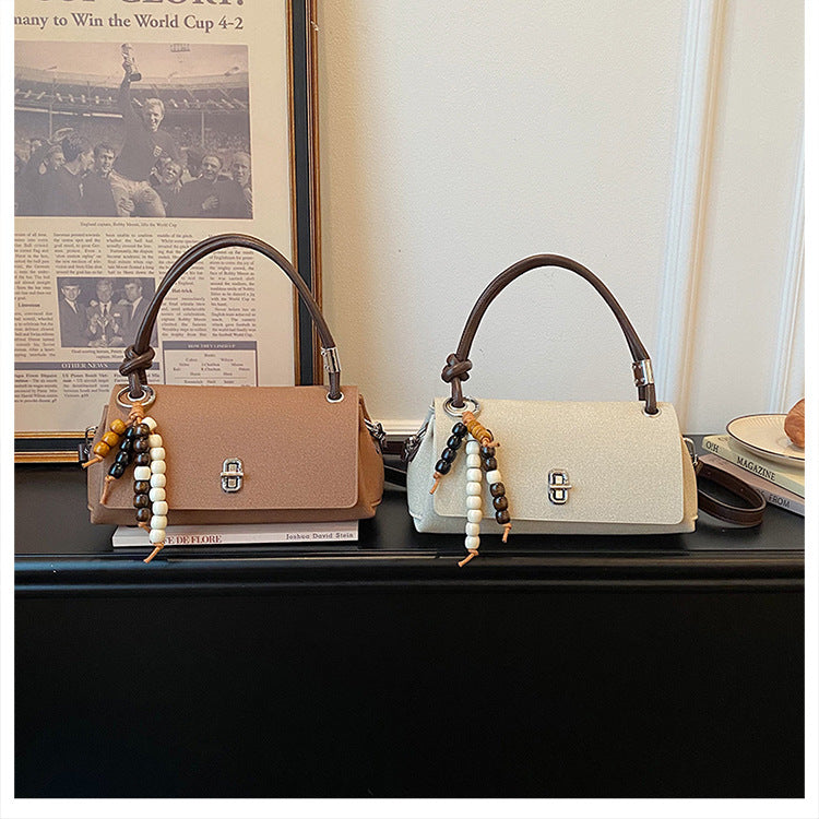 Structured Top-Handle Crossbody Bag with Pearl & Wood Beaded Charm