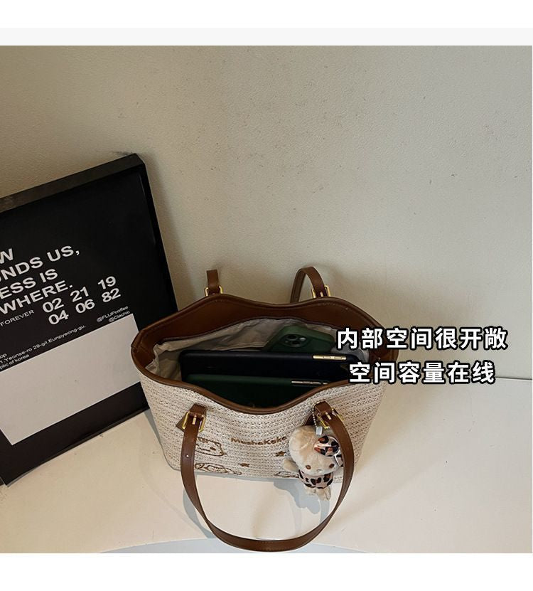 Casual Large Capacity Summer Beach Tote | Japanese Style Printed Straw Bag