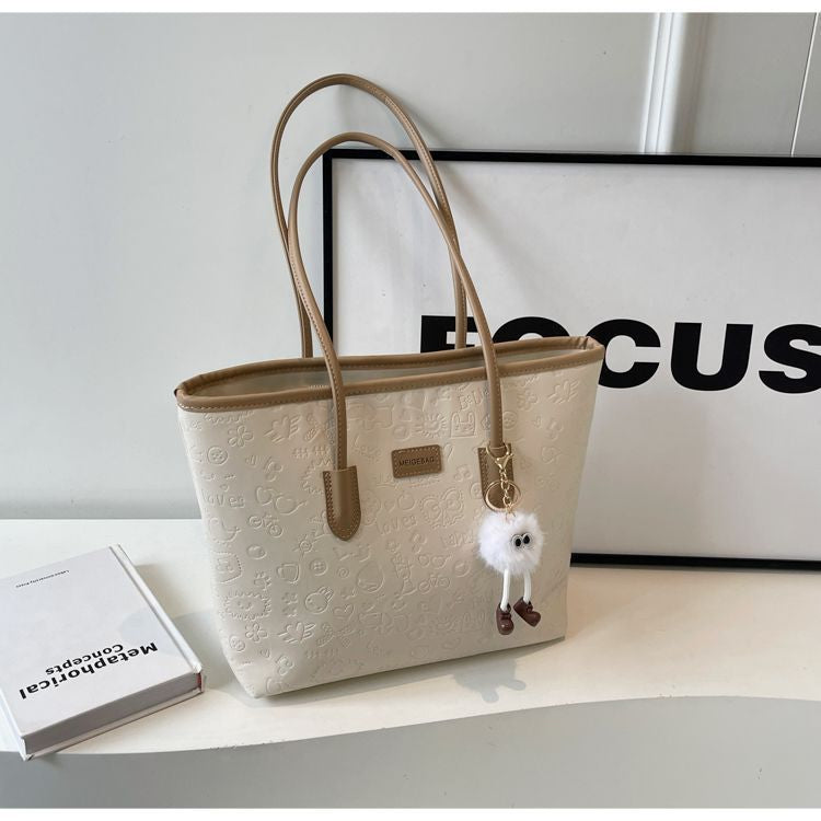 Elegant Embossed Shoulder Tote Bag | Large Capacity Work & Daily Bag with Plush Charm