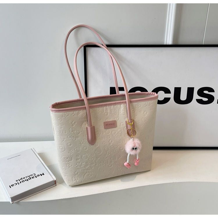 Elegant Embossed Shoulder Tote Bag | Large Capacity Work & Daily Bag with Plush Charm