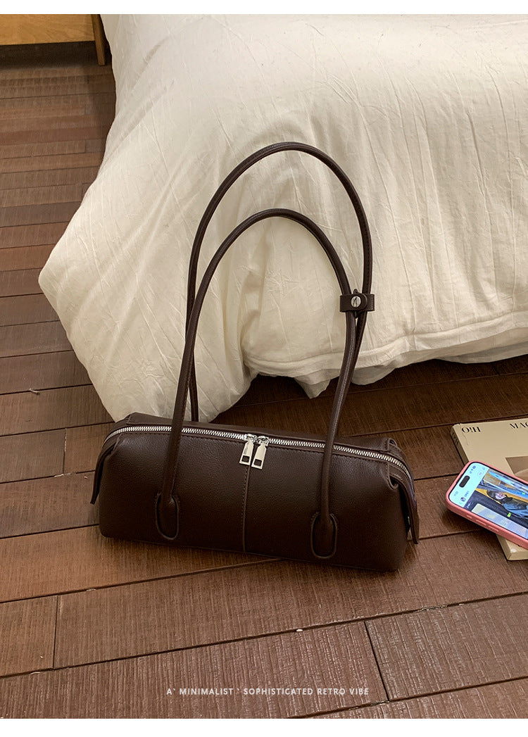 Sleek East-West Barrel Shoulder Bag with Slim Double Straps