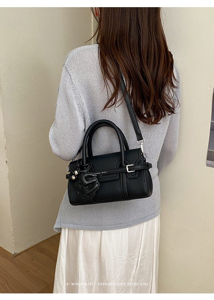 Structured Belted Mini Satchel Handbag with Floral Charm