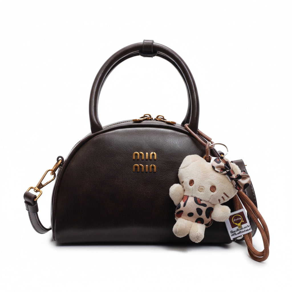 Vintage Dome Top-Handle Bag with Cute Bear Keychain