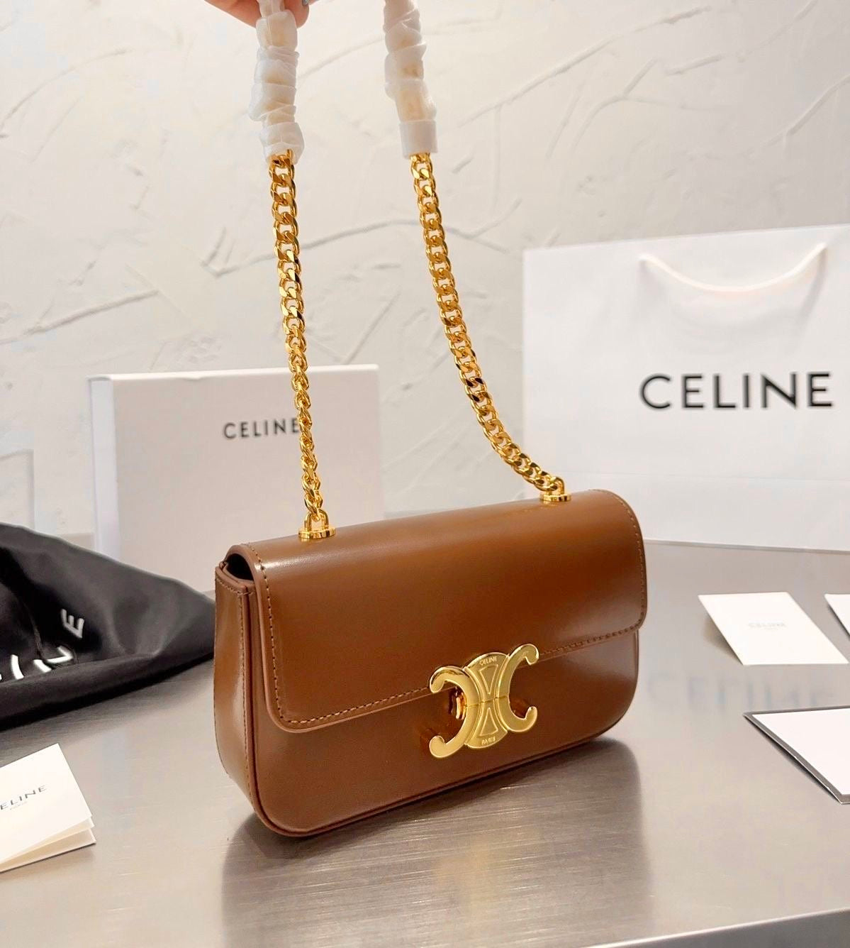 Luxury Triomphe Gold-Chain Genuine Leather Flap Bag