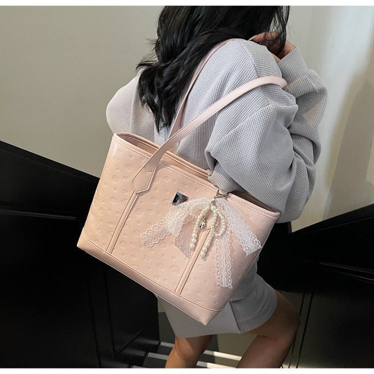Coquette Lace Ribbon Embossed Tote Bag | Elegant Feminine Shoulder Handbag