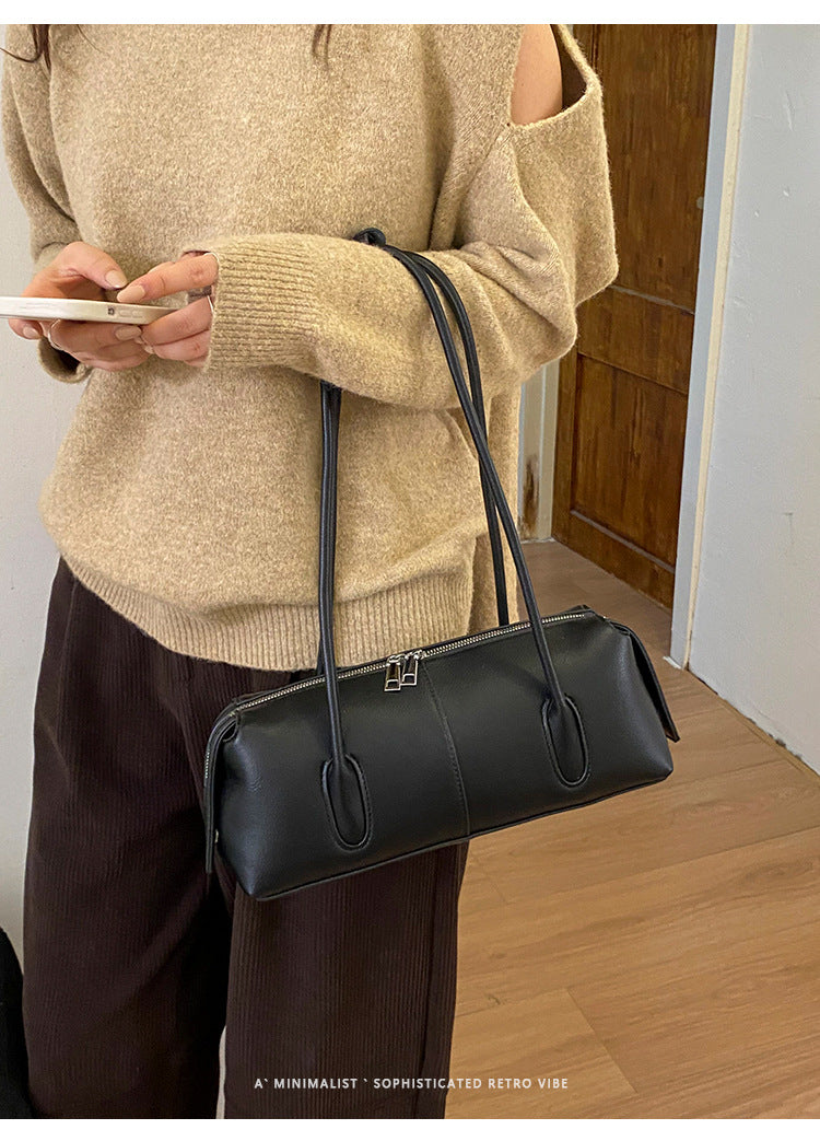 Sleek East-West Barrel Shoulder Bag with Slim Double Straps