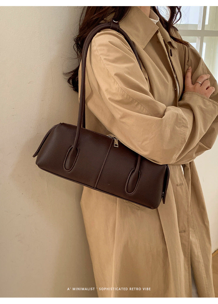 Sleek East-West Barrel Shoulder Bag with Slim Double Straps