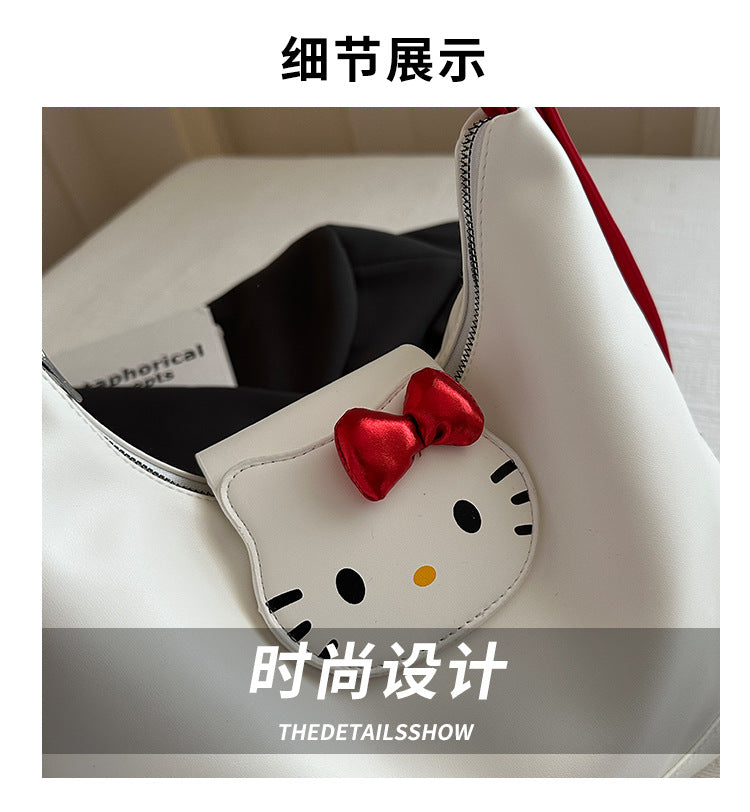 Hello Kitty Canvas Hobo Bag | Contrast Red Strap Casual Crossbody