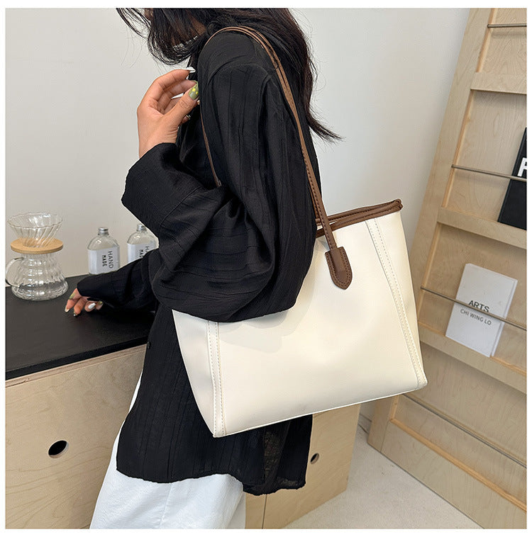 Minimalist Faux Leather Everyday Shoulder Tote Bag | Work Commuter Handbag