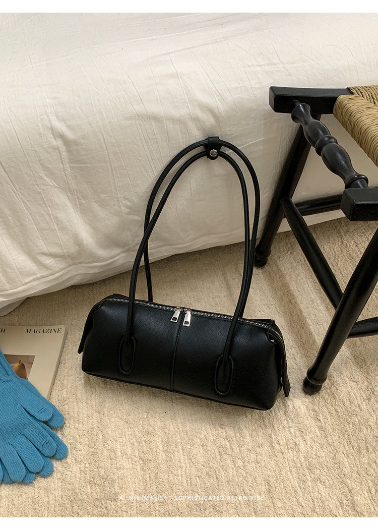Sleek East-West Barrel Shoulder Bag with Slim Double Straps