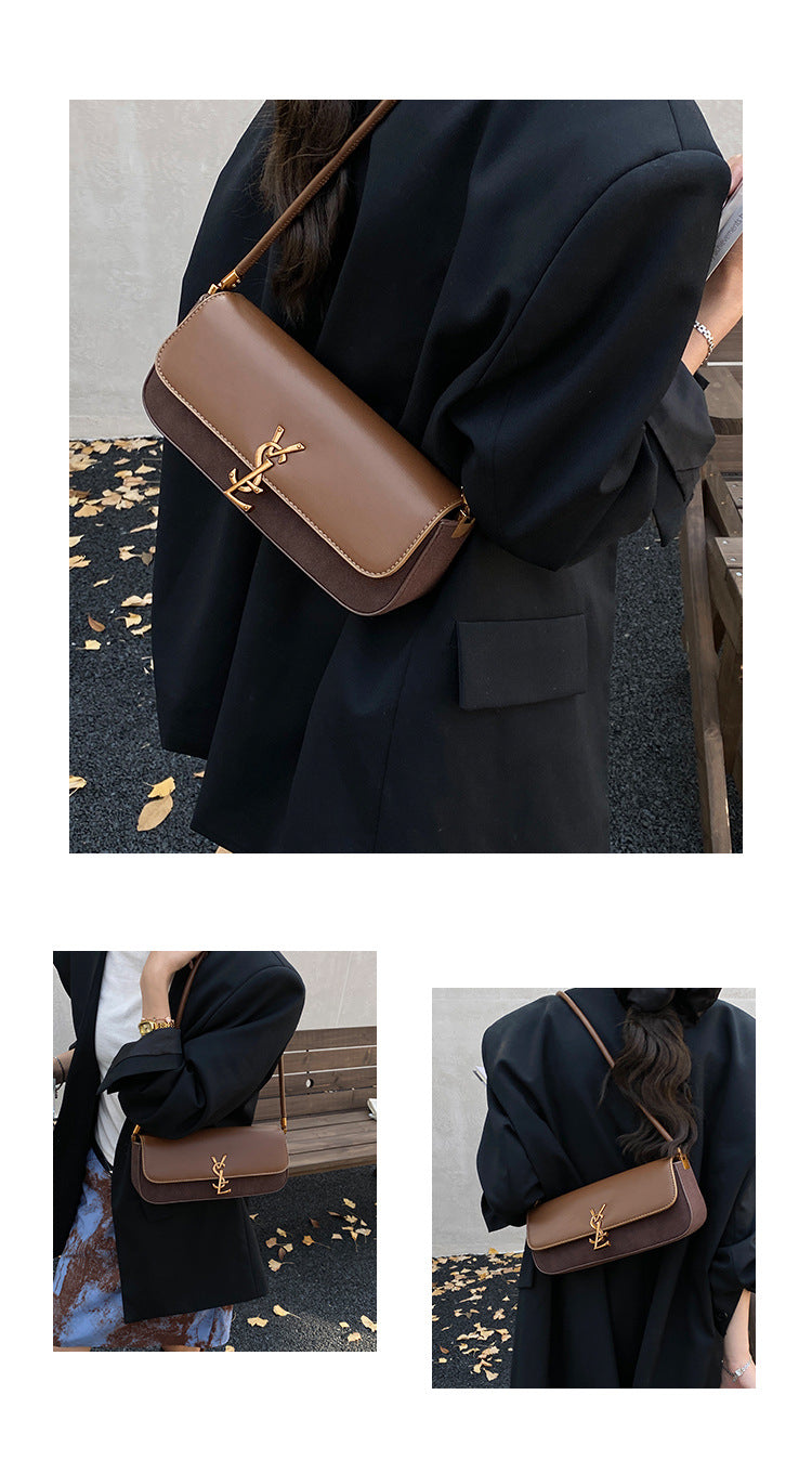 East-West Baguette Shoulder Bag with Metallic Emblem Clasp