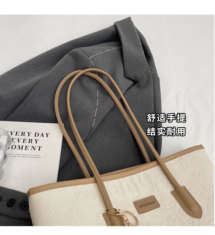 Elegant Embossed Shoulder Tote Bag | Large Capacity Work & Daily Bag with Plush Charm