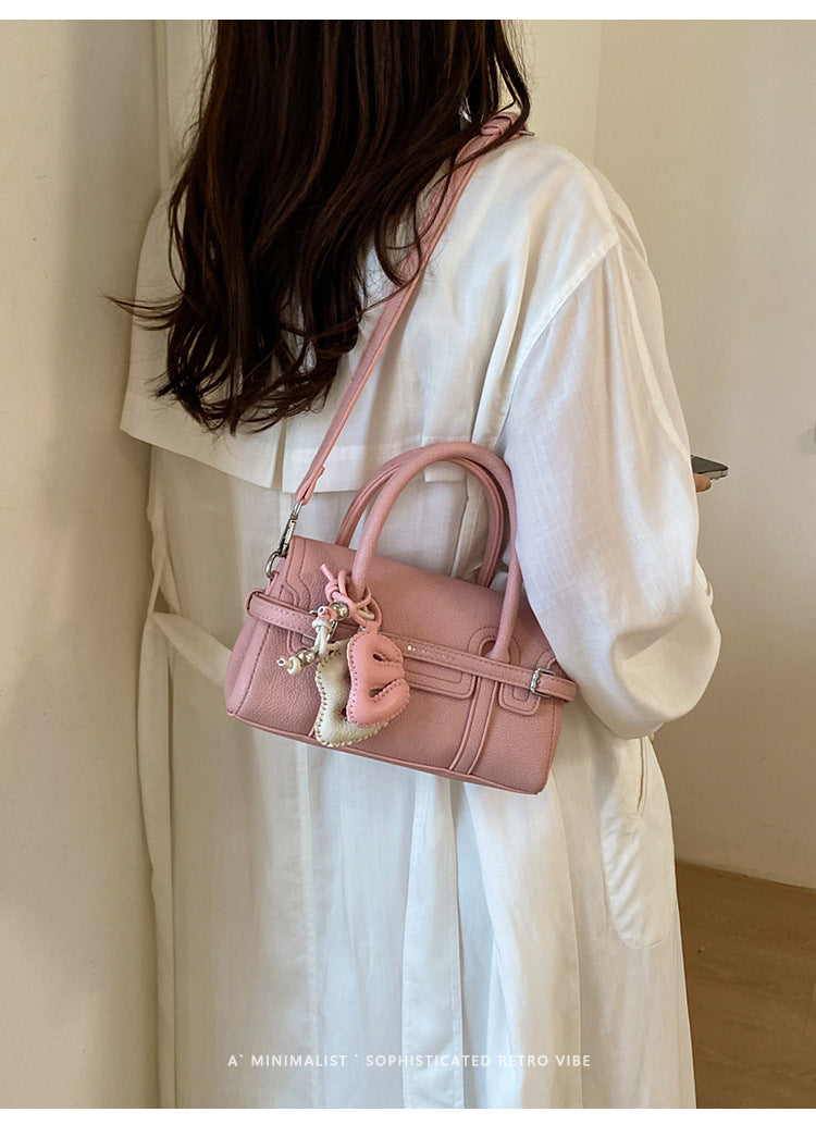 Structured Belted Mini Satchel Handbag with Floral Charm