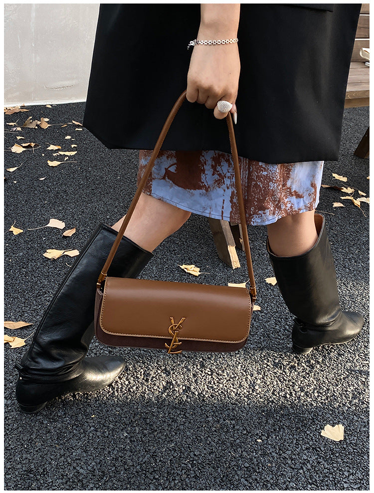 East-West Baguette Shoulder Bag with Metallic Emblem Clasp