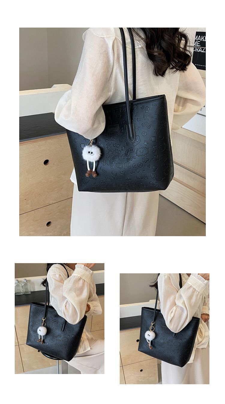Elegant Embossed Shoulder Tote Bag | Large Capacity Work & Daily Bag with Plush Charm