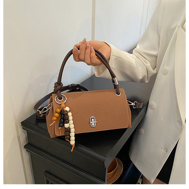 Structured Top-Handle Crossbody Bag with Pearl & Wood Beaded Charm