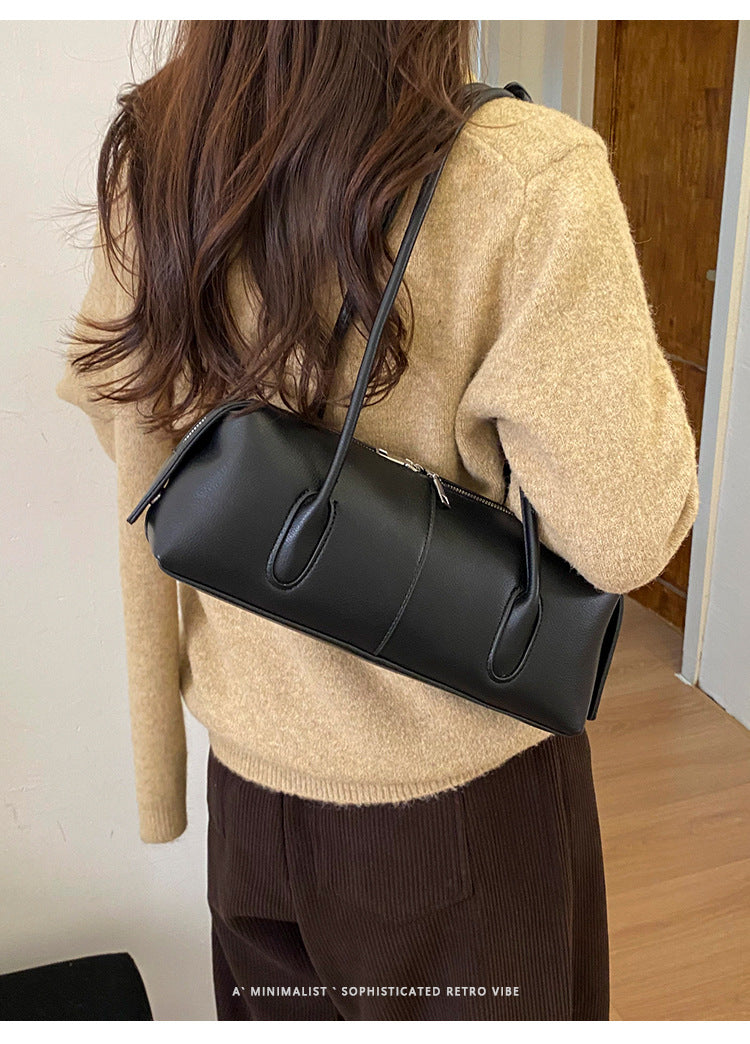 Sleek East-West Barrel Shoulder Bag with Slim Double Straps