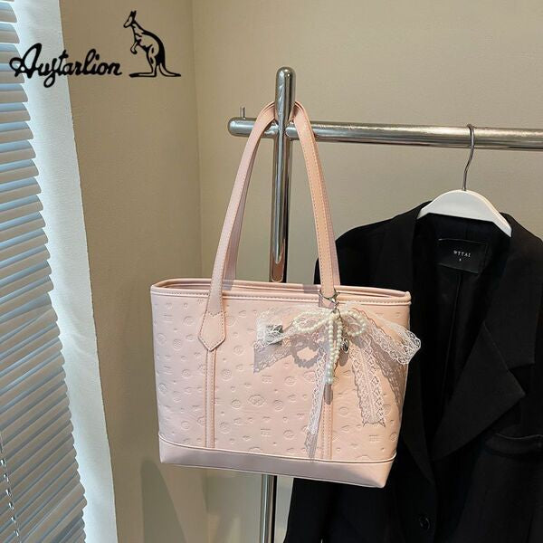 Coquette Lace Ribbon Embossed Tote Bag | Elegant Feminine Shoulder Handbag