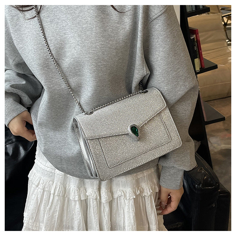 Diamond-Textured Serpent Clasp Shoulder Bag in Silver