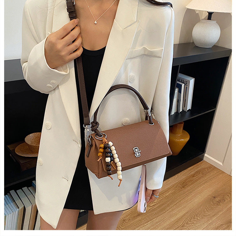 Structured Top-Handle Crossbody Bag with Pearl & Wood Beaded Charm