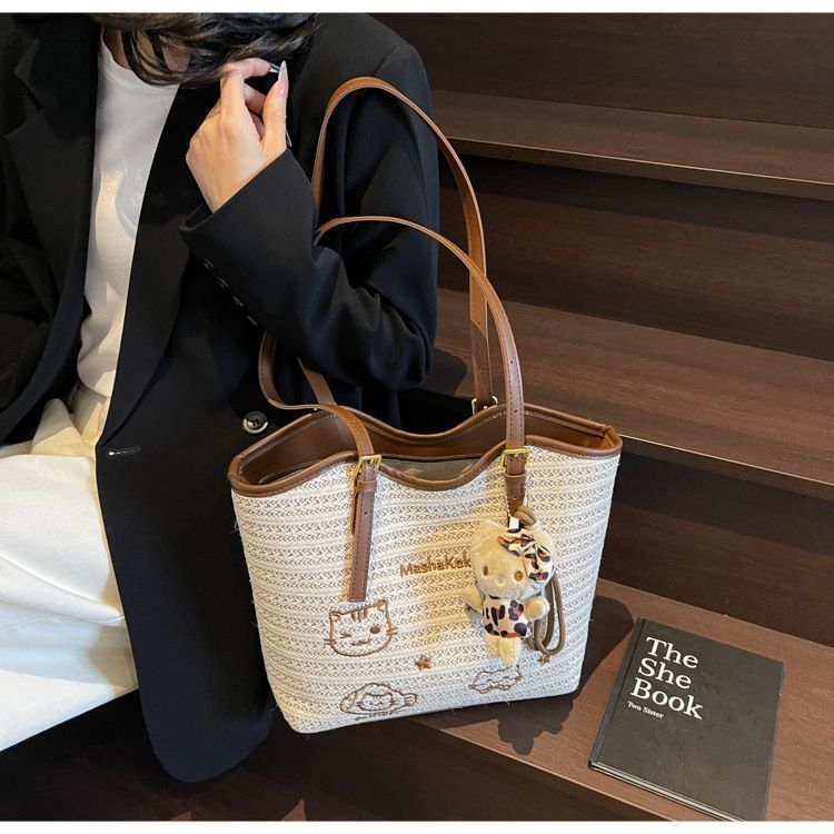 Casual Large Capacity Summer Beach Tote | Japanese Style Printed Straw Bag