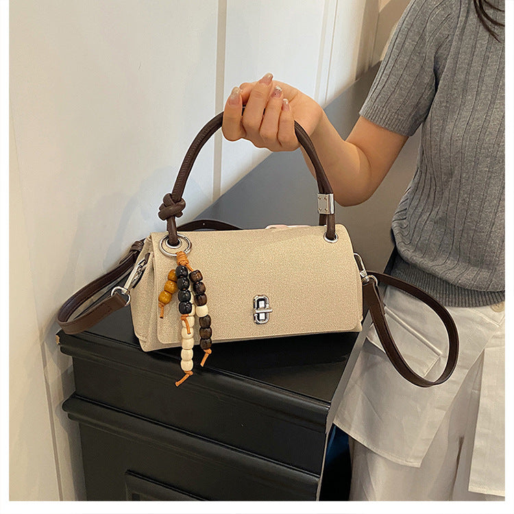 Structured Top-Handle Crossbody Bag with Pearl & Wood Beaded Charm