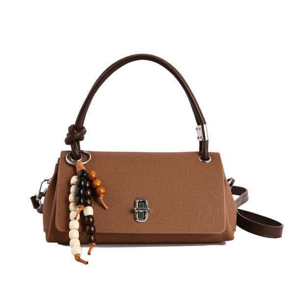 Structured Top-Handle Crossbody Bag with Pearl & Wood Beaded Charm
