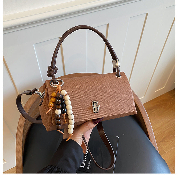 Structured Top-Handle Crossbody Bag with Pearl & Wood Beaded Charm