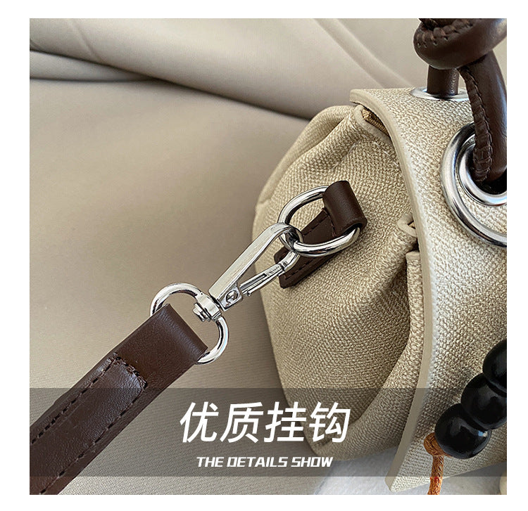 Structured Top-Handle Crossbody Bag with Pearl & Wood Beaded Charm