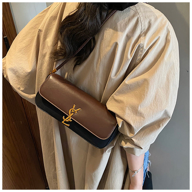 East-West Baguette Shoulder Bag with Metallic Emblem Clasp