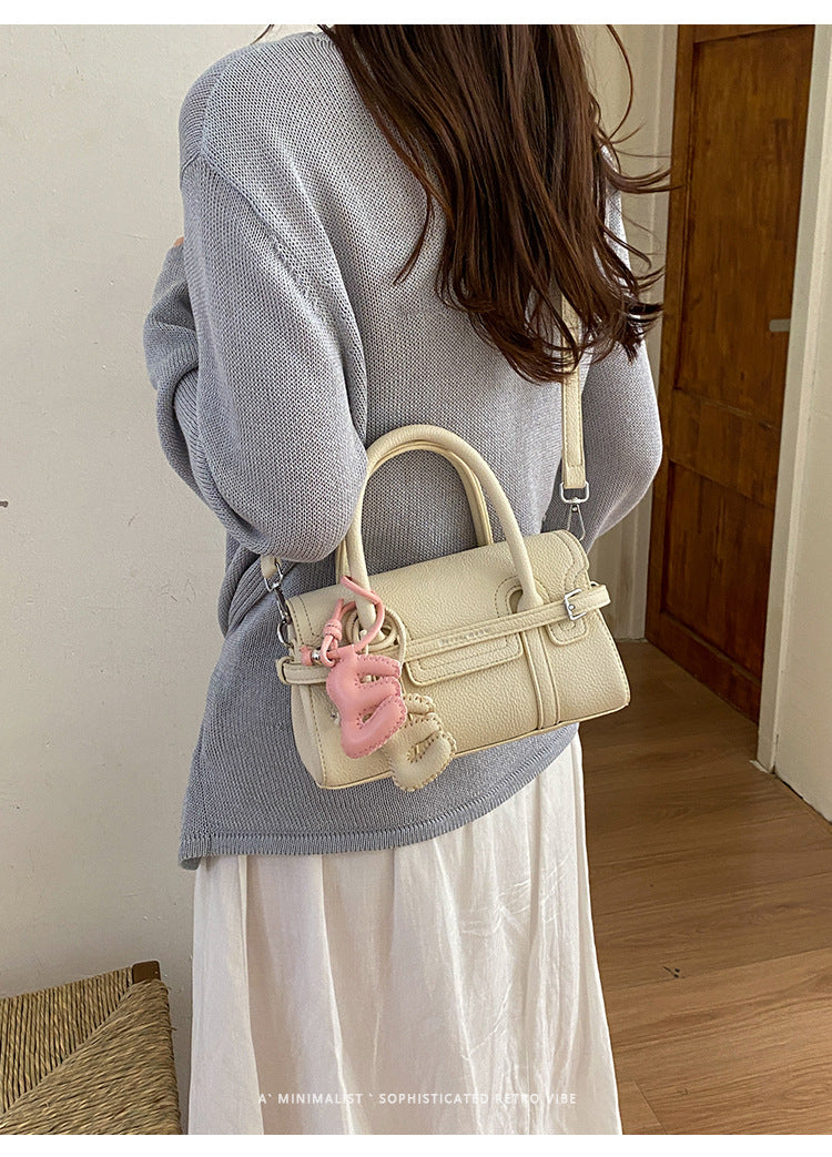 Structured Belted Mini Satchel Handbag with Floral Charm