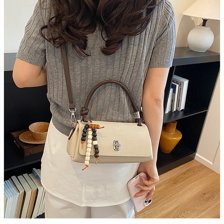 Structured Top-Handle Crossbody Bag with Pearl & Wood Beaded Charm