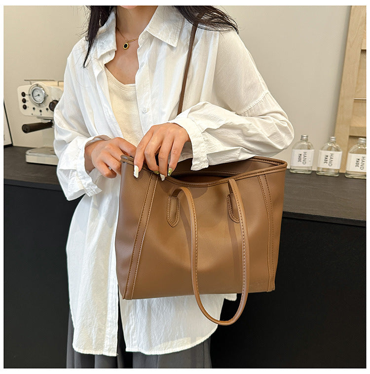 Minimalist Faux Leather Everyday Shoulder Tote Bag | Work Commuter Handbag