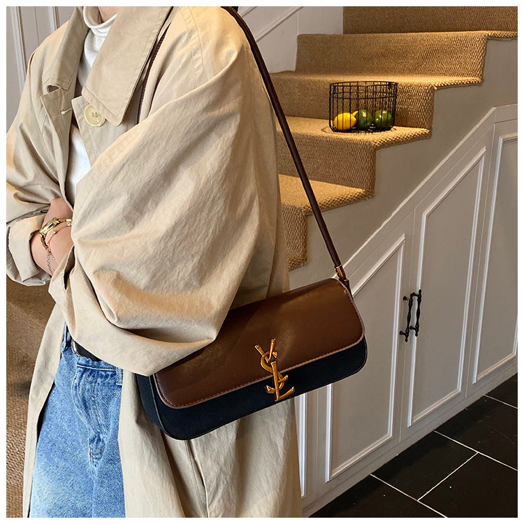 East-West Baguette Shoulder Bag with Metallic Emblem Clasp