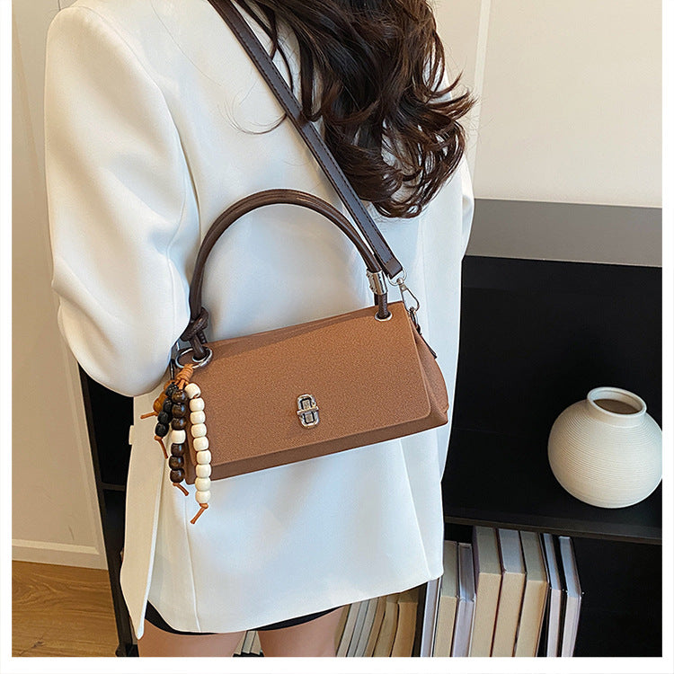 Structured Top-Handle Crossbody Bag with Pearl & Wood Beaded Charm