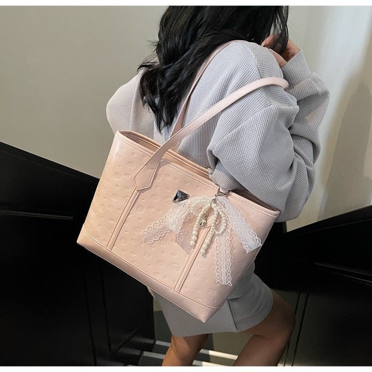 Coquette Lace Ribbon Embossed Tote Bag | Elegant Feminine Shoulder Handbag